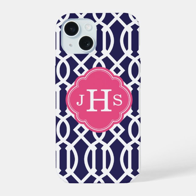 Navy Blue and Pink Trellis Monogram iPhone 15 Case (Back)