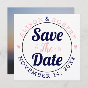 Navy blue and pink typography photo on the back sa save the date