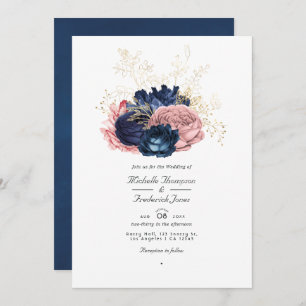 Navy Blue and Pink Vintage Roses QR Code Wedding Invitation