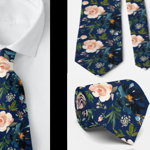 Navy Blue and Pink Watercolor Floral Roses  Neck T Tie