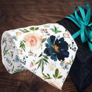 Navy Blue and Pink Watercolor Floral Roses Neck Ti Tie