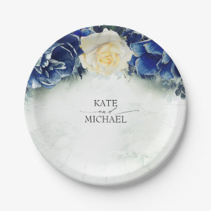 Navy Blue and Primrose Yellow Floral Wedding Paper Plate