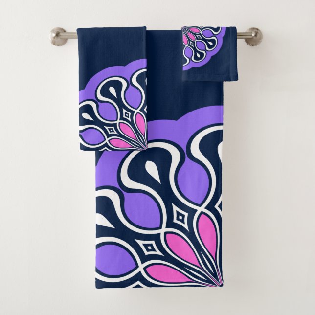 Navy Blue and Purple Abstract Modern Mandala Bath Towel Set (Insitu)