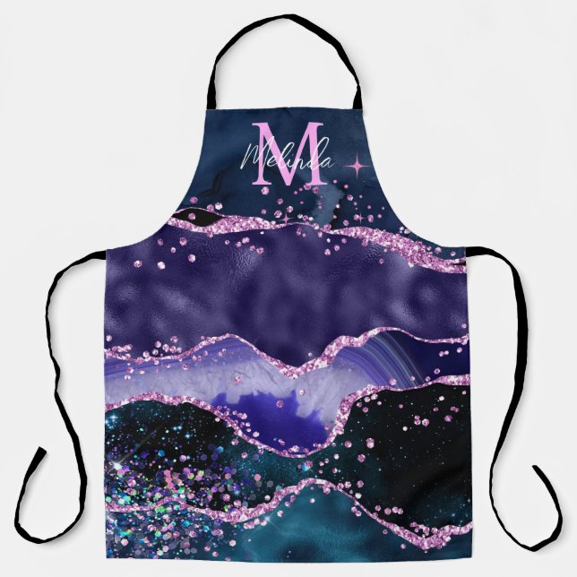 Navy Blue and Purple Glitter Ocean Agate Apron (Front)
