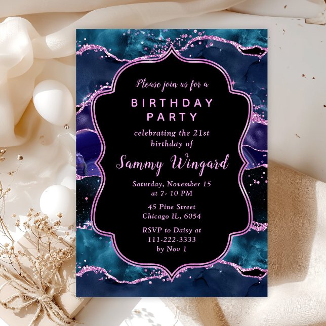 Navy Blue and Purple Glitter Ocean Agate Birthday Invitation (Creator Uploaded)