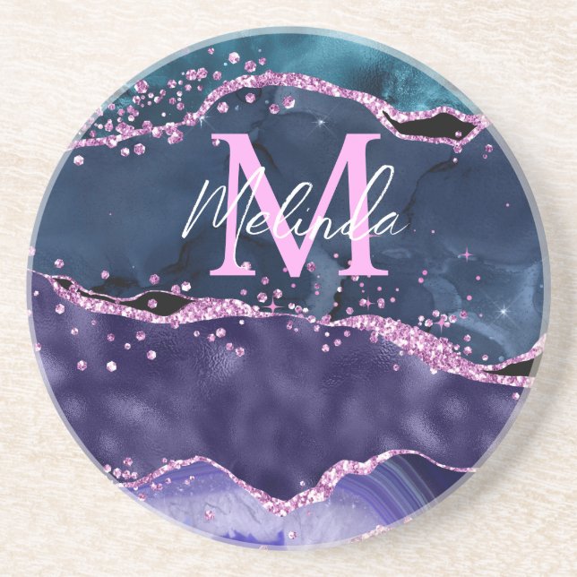 Navy Blue and Purple Glitter Ocean Agate Coaster (Front)