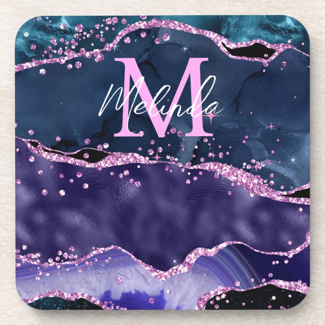 Navy Blue and Purple Glitter Ocean Agate Coaster (Front)