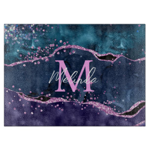 Navy Blue and Purple Glitter Ocean Agate Cutting Board