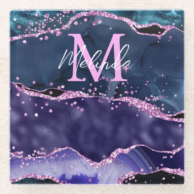 Navy Blue and Purple Glitter Ocean Agate Glass Coaster (Front)