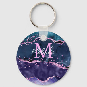 Navy Blue and Purple Glitter Ocean Agate Key Ring