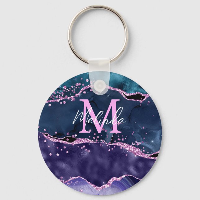 Navy Blue and Purple Glitter Ocean Agate Key Ring (Front)