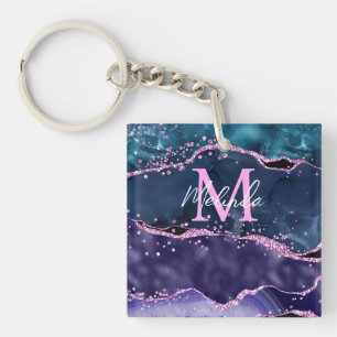 Navy Blue and Purple Glitter Ocean Agate Key Ring