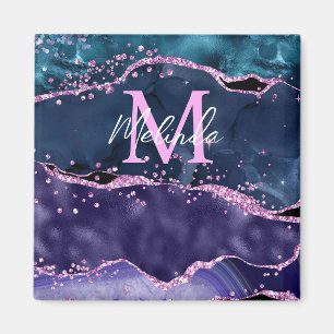 Navy Blue and Purple Glitter Ocean Agate Magnet