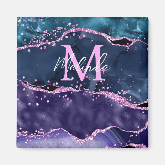 Navy Blue and Purple Glitter Ocean Agate Magnet (Front)