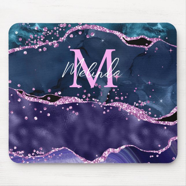 Navy Blue and Purple Glitter Ocean Agate Mouse Mat (Front)