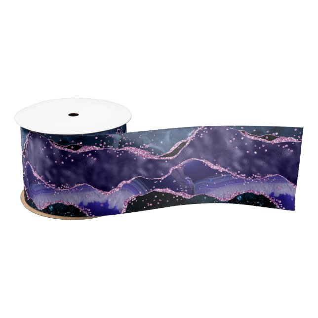 Navy Blue and Purple Glitter Ocean Agate Satin Ribbon (Spool)