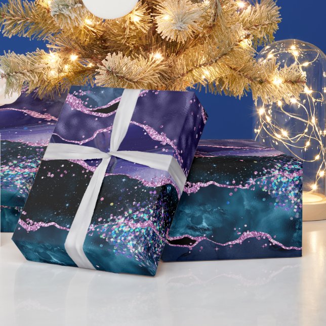 Navy Blue and Purple Glitter Ocean Agate Wrapping Paper (Holidays)