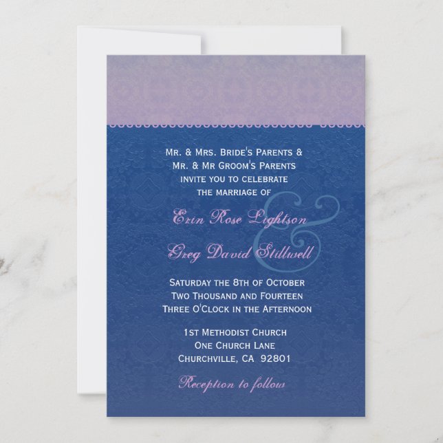 Navy Blue and Purple Lace Wedding F328 Invitation (Front)