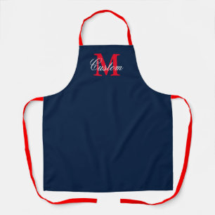 Navy blue and red custom name monogram kitchen apron