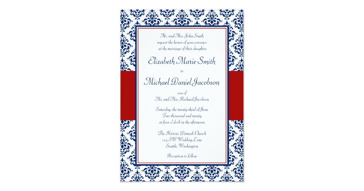 Navy Blue and Red Damask Wedding Invitations | Zazzle.co.uk