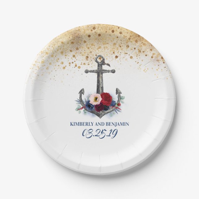 Navy blue and red floral anchor nautical wedding paper plate (Front)