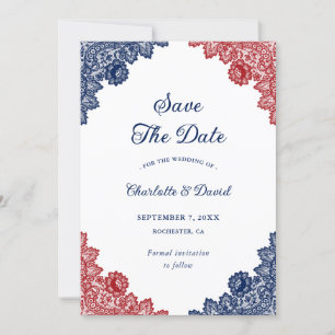Navy Blue and Red Floral Lace Rustic Wedding Save The Date