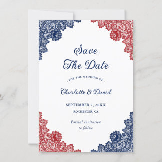 Navy Blue and Red Floral Lace Rustic Wedding Save The Date