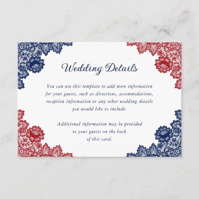 Navy Blue and Red Floral Lace Wedding Details Enclosure Card (Front)