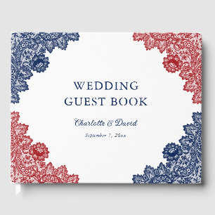 Navy Blue and Red Floral Lace Wedding Guest Book
