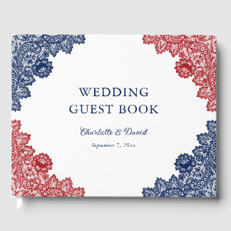 Navy Blue and Red Floral Lace Wedding Guest Book