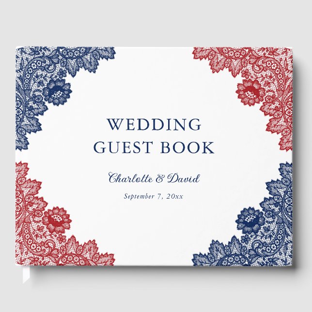 Navy Blue and Red Floral Lace Wedding Guest Book (Front)