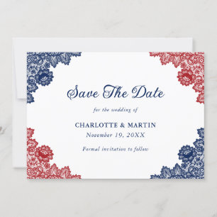 Navy Blue and Red Floral Lace Wedding Save The Date