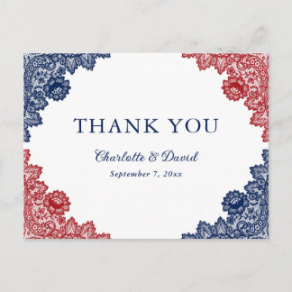 Navy Blue and Red Floral Lace Wedding Thank You Postcard