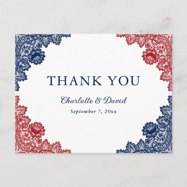 Navy Blue and Red Floral Lace Wedding Thank You Postcard (Front)