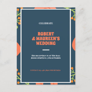 Navy blue and red floral  wedding reception  invitation postcard