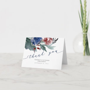 Navy Blue and Red Floral Wreath Wedding Thank You