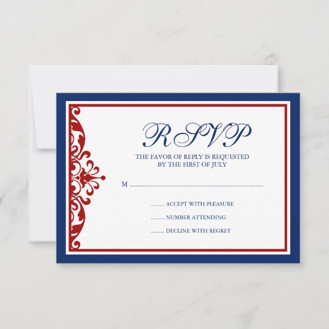 Navy Blue and Red Flourish RSVP Card (Front)