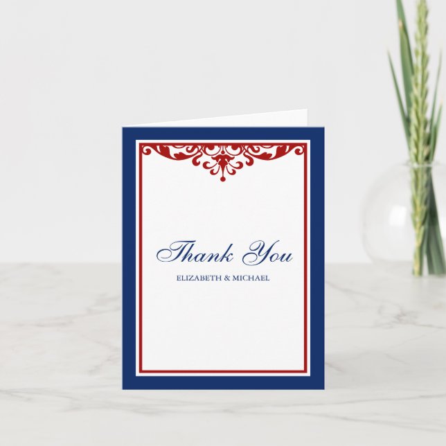 Navy Blue and Red Flourish Thank You Card (Front)
