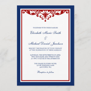 Navy Blue and Red Flourish Wedding Invitation