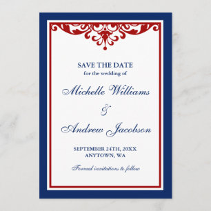 Navy Blue and Red Flourish Wedding Save the Date