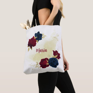  navy blue and red flowers gold tote bag