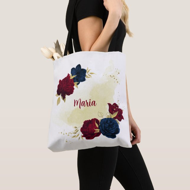  navy blue and red flowers gold tote bag (Close Up)