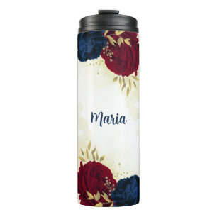  navy blue and red flowers greenery  thermal tumbler