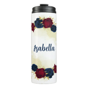  navy blue and red flowers greenery  thermal tumbler