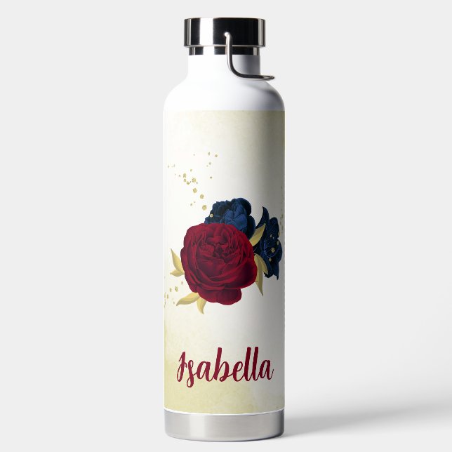  navy blue and red flowers greenery  water bottle (Left)
