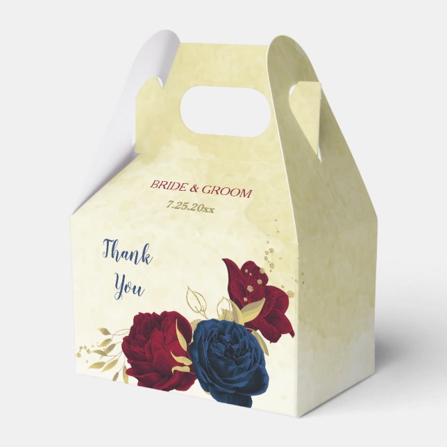  navy blue and red flowers greenery wedding favour box (Front Side)