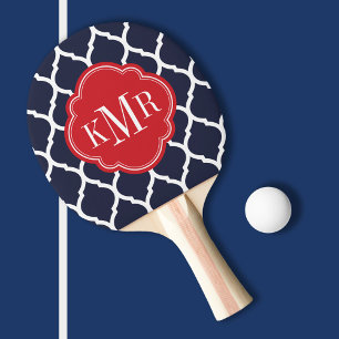 Navy Blue and Red Moroccan Quatrefoil Monogram Ping Pong Paddle