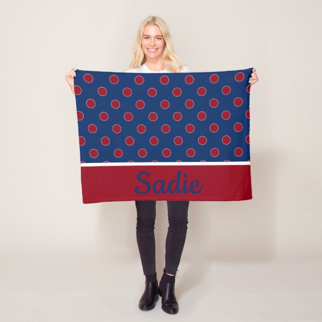 Navy Blue and Red Polka Dot Personalised Fleece Blanket (In Situ)