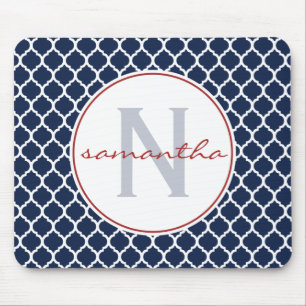 Navy Blue and Red Quatrefoil Monogram Mouse Mat