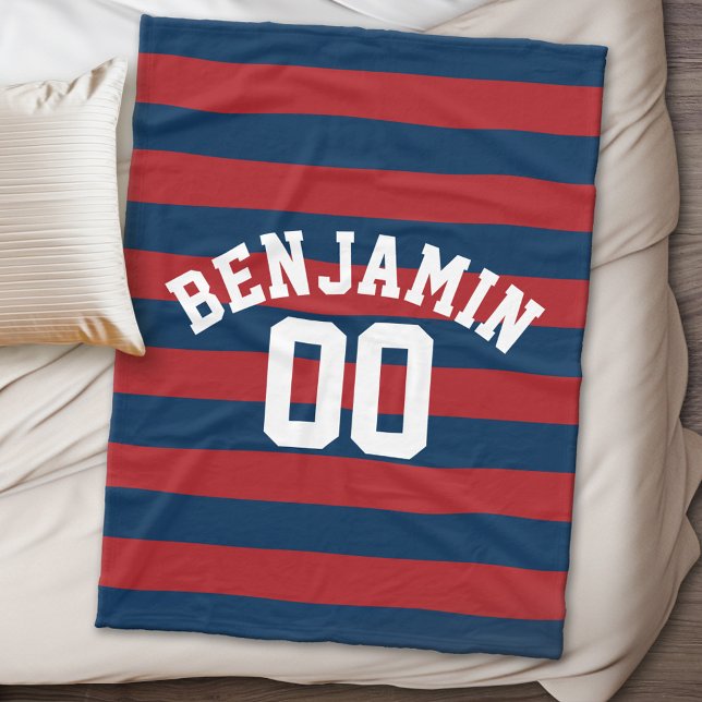 Navy Blue and Red Rugby Stripes Name Number Fleece Blanket (Personalized fleece blanket - Sports Theme)
